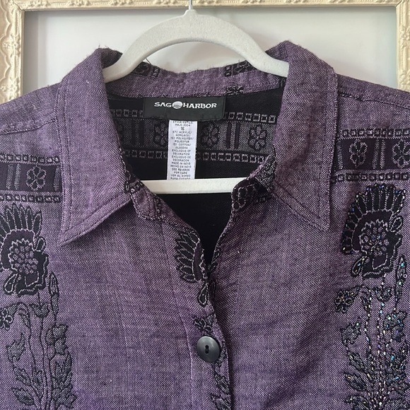 SAG HARBOUR | Vintage Purple Button-Up Shirt with Black Embroidery - Picture 4 of 12